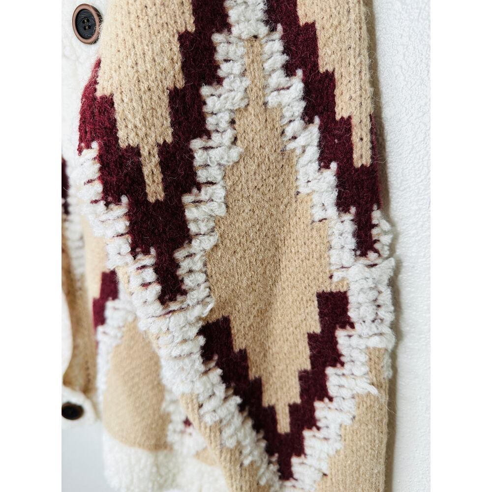 a. peach Tan Ivory Burgundy Southwest Print Button Collared Sweater Jacket S - Picture 5 of 13